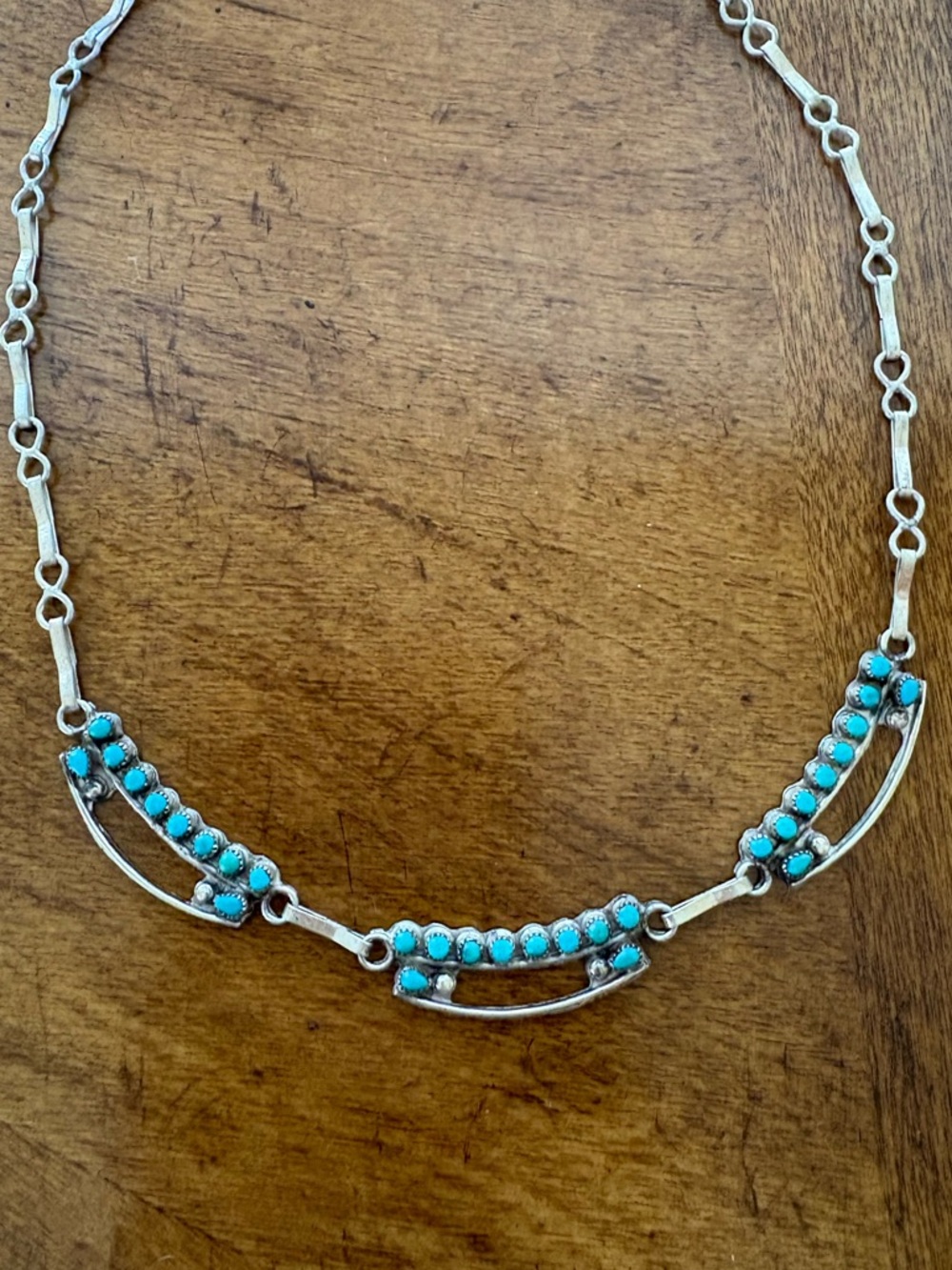 Vintage Sterling Silver & Real Turquoise Link Necklace – 17” Southwest Style